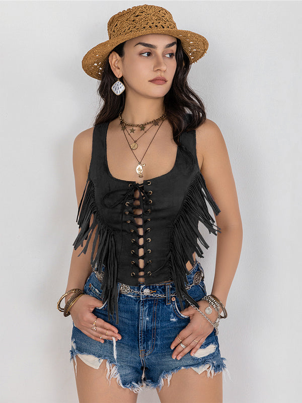 Fringe Lace-Up Vest-Teresa's Fashionista LLC
