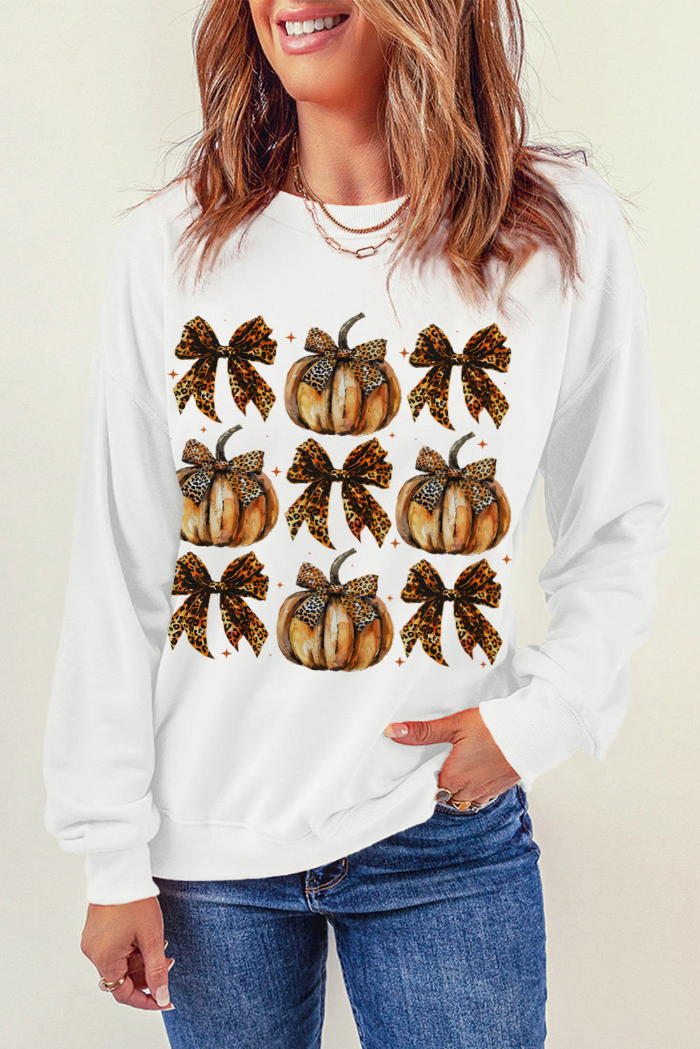 Pumpkin & Bow Graphic Long Sleeve Sweatshirt - Teresa's Fashionista LLC
