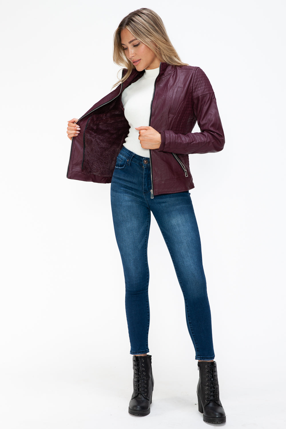YMI Faux Layered Double-Zipper Jacket with Fuzzy Hood - Teresa's Fashionista LLC