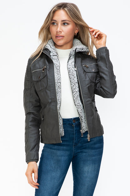 YMI Removable Faux Layered Multi-Pocket Jacket with Fuzzy Hood - Teresa's Fashionista LLC