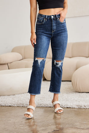 RFM Crop Dylan Full Size Tummy Control Distressed High Waist Raw Hem Jeans-Teresa's Fashionista LLC