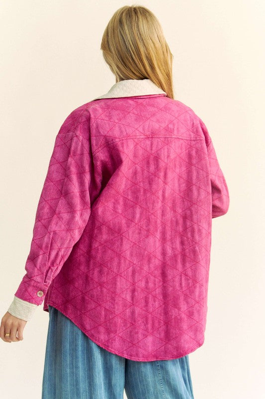 Davi & Dani Curved Hem Diamond Quilted Button Up Denim Shacket - Teresa's Fashionista LLC