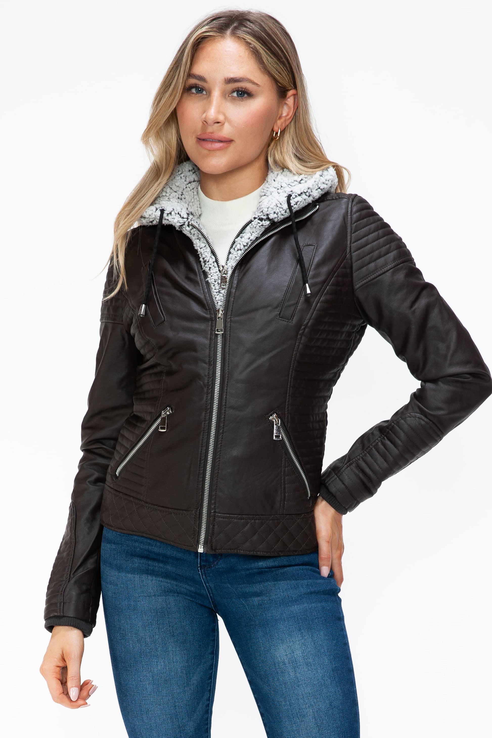 YMI Faux Layered Double-Zipper Jacket with Fuzzy Hood - Teresa's Fashionista LLC