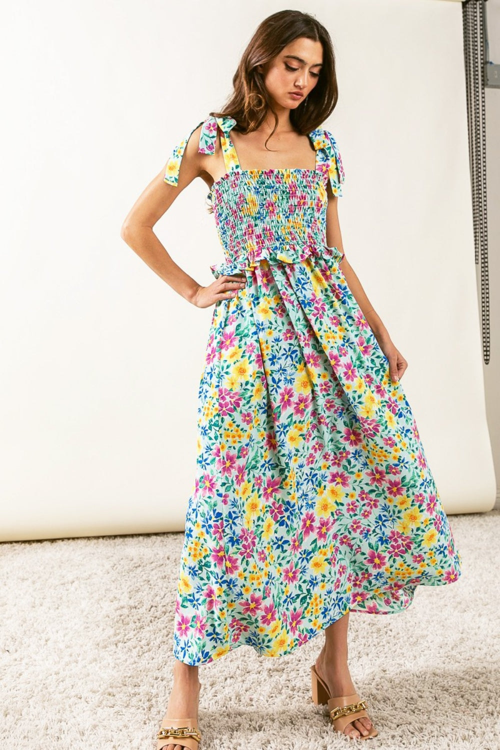 BiBi Floral Ruffle Trim Smocked Cami Dress-Teresa's Fashionista LLC