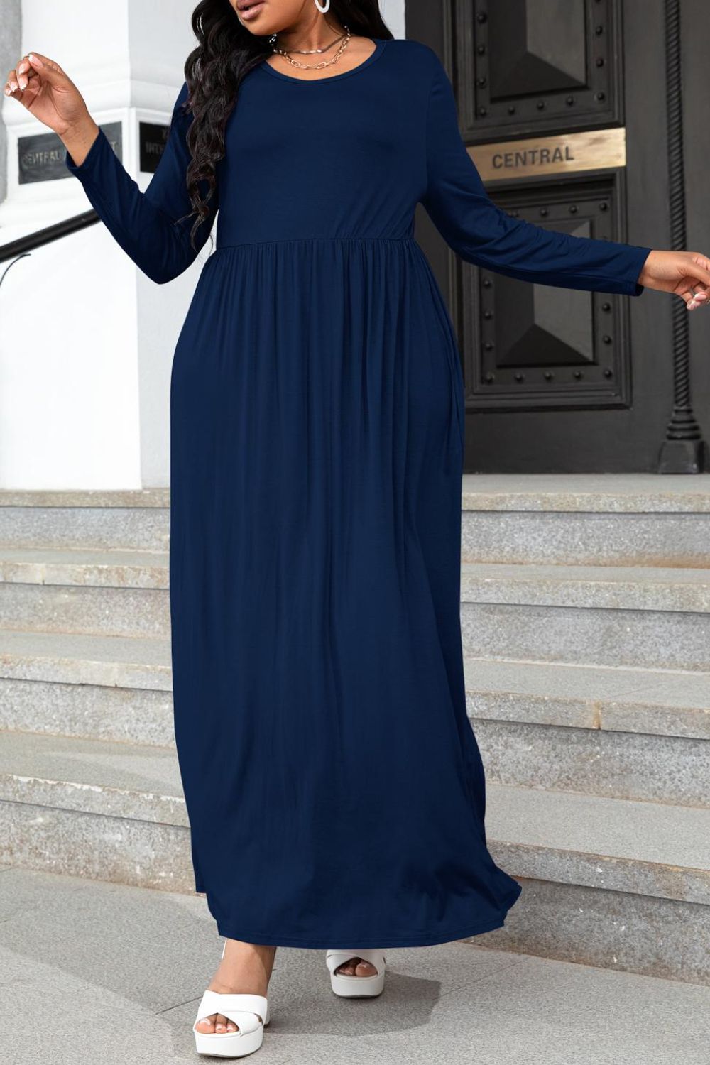 Plus Size Round Neck Long Sleeve Maxi Dress with Pockets-Teresa's Fashionista LLC