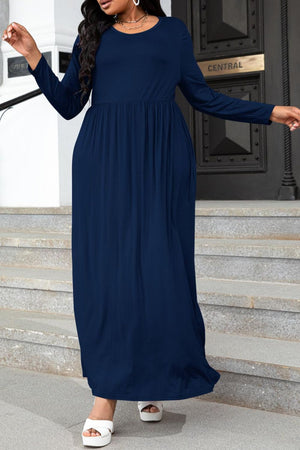 Plus Size Round Neck Long Sleeve Maxi Dress with Pockets-Teresa's Fashionista LLC