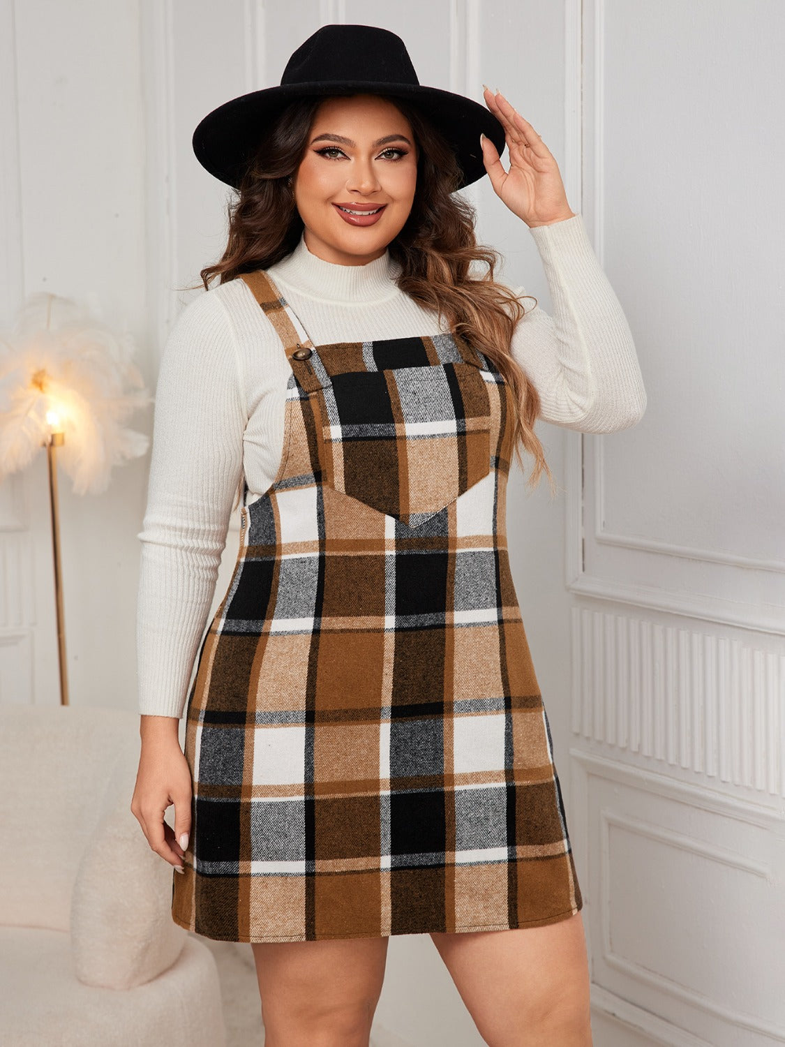 Honey Plus Size Plaid Wide Strap Overall Dress - Teresa's Fashionista LLC