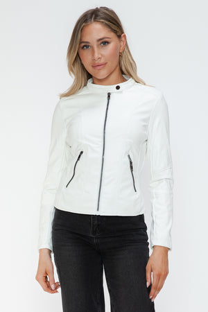 Snobbish Faux Leather Zip Up Drawstring Hooded Jacket - Teresa's Fashionista LLC
