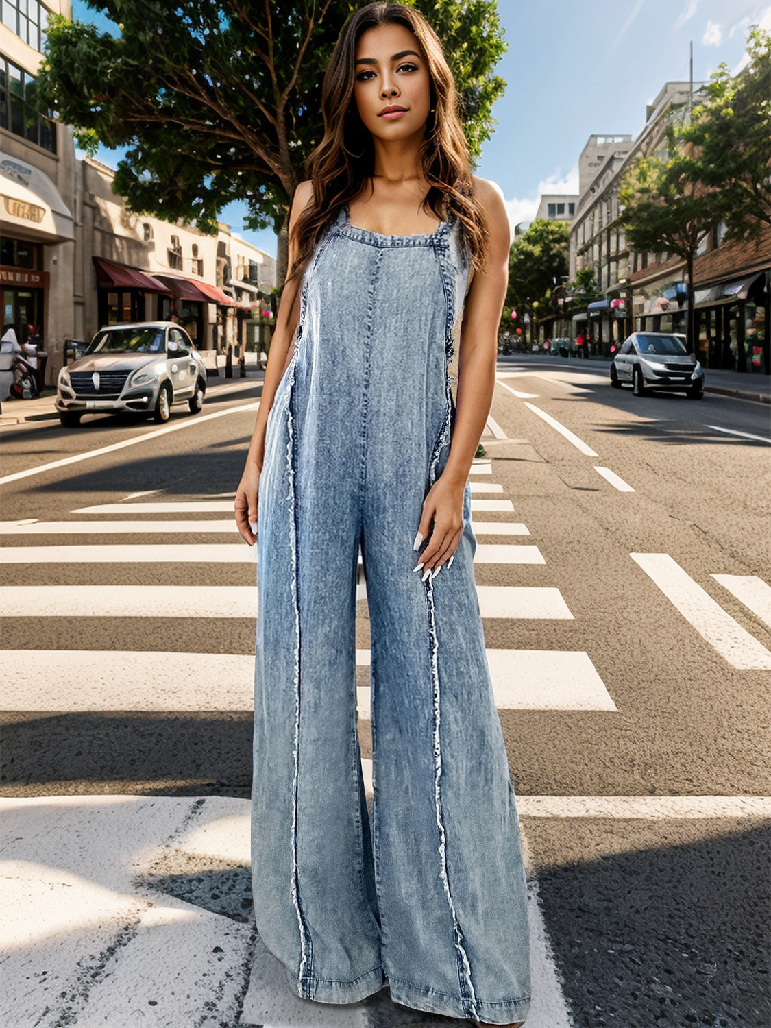 Adjustable Strap Wide Leg Denim Overalls - Teresa's Fashionista LLC