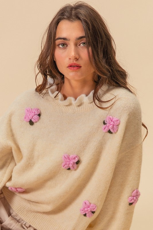 BiBi Ruffled Crochet Flower Dropped Shoulder Sweater - Teresa's Fashionista LLC