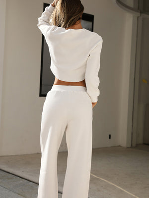 Waffle-Knit Round Neck Top and Pants Set-Teresa's Fashionista LLC