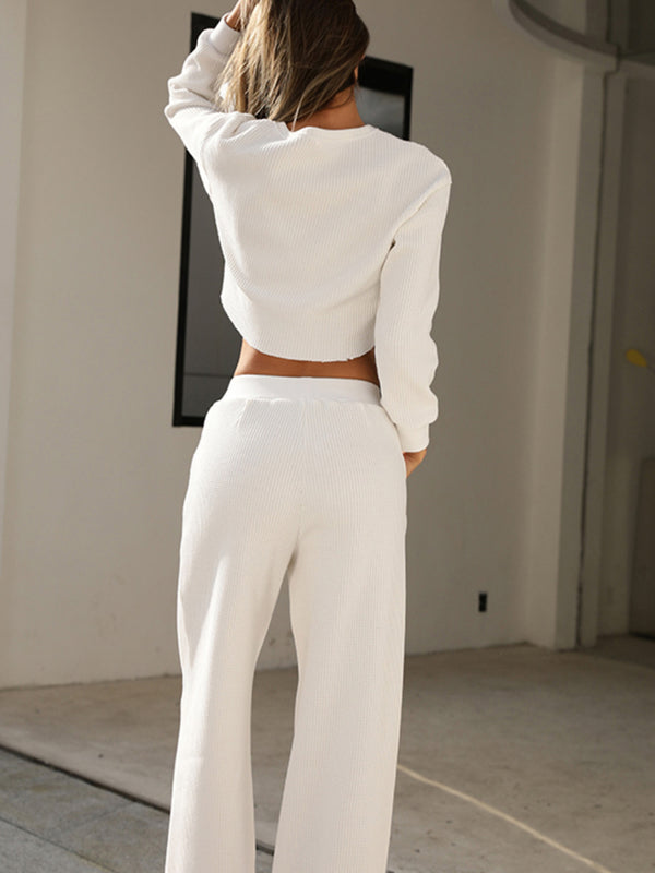 Waffle-Knit Round Neck Top and Pants Set-Teresa's Fashionista LLC