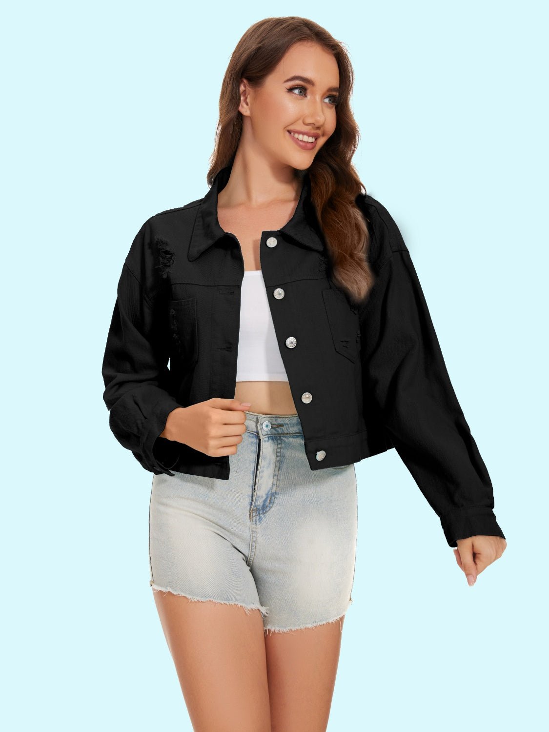 Distressed Distressed Button Up Denim Jacket-Teresa&#39;s Fashionista LLC