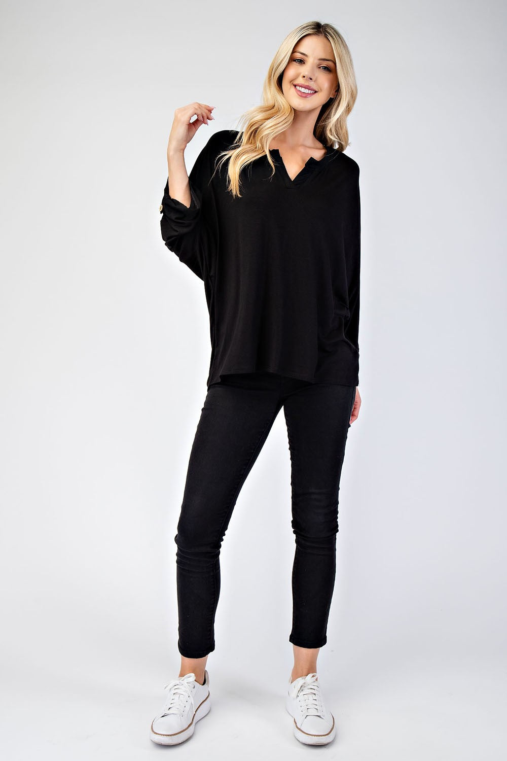 Celeste Full Size Notched Three-Quarter Sleeve Blouse - Teresa's Fashionista LLC