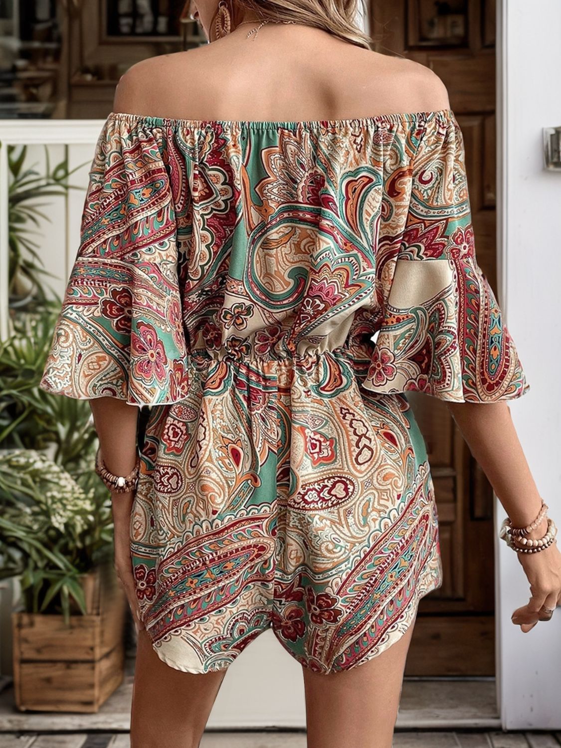 Printed Off Shoulder Half Sleeve Romper-Teresa&#39;s Fashionista LLC