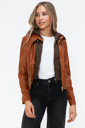 Snobbish Faux Leather Zip Up Drawstring Hooded Jacket - Teresa's Fashionista LLC