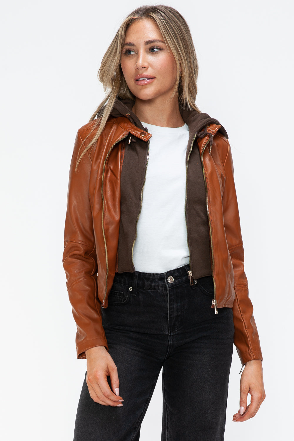 Snobbish Faux Leather Zip Up Drawstring Hooded Jacket - Teresa's Fashionista LLC