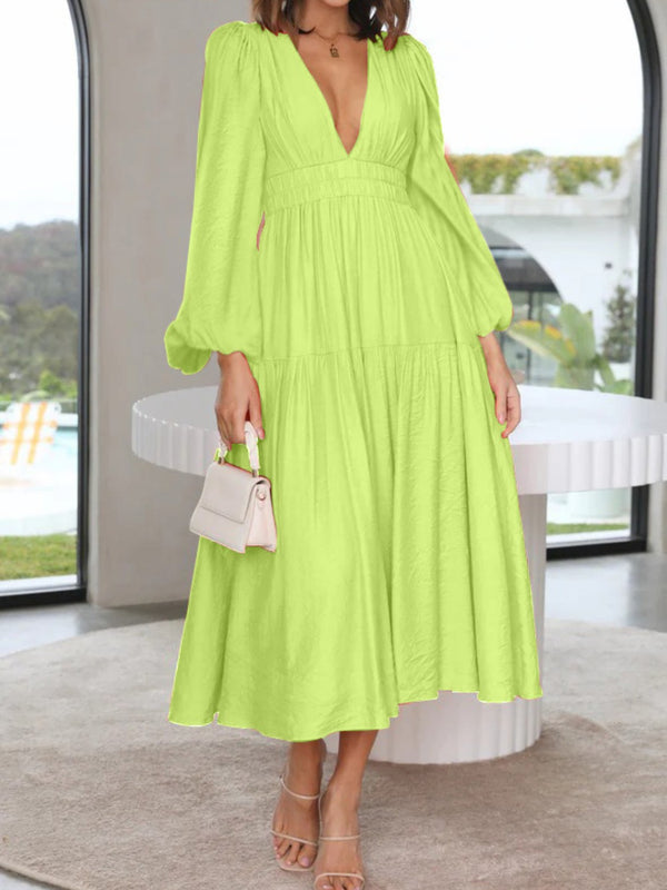Deep V-Neck Balloon Sleeve Plain Maxi Dress-Teresa's Fashionista LLC