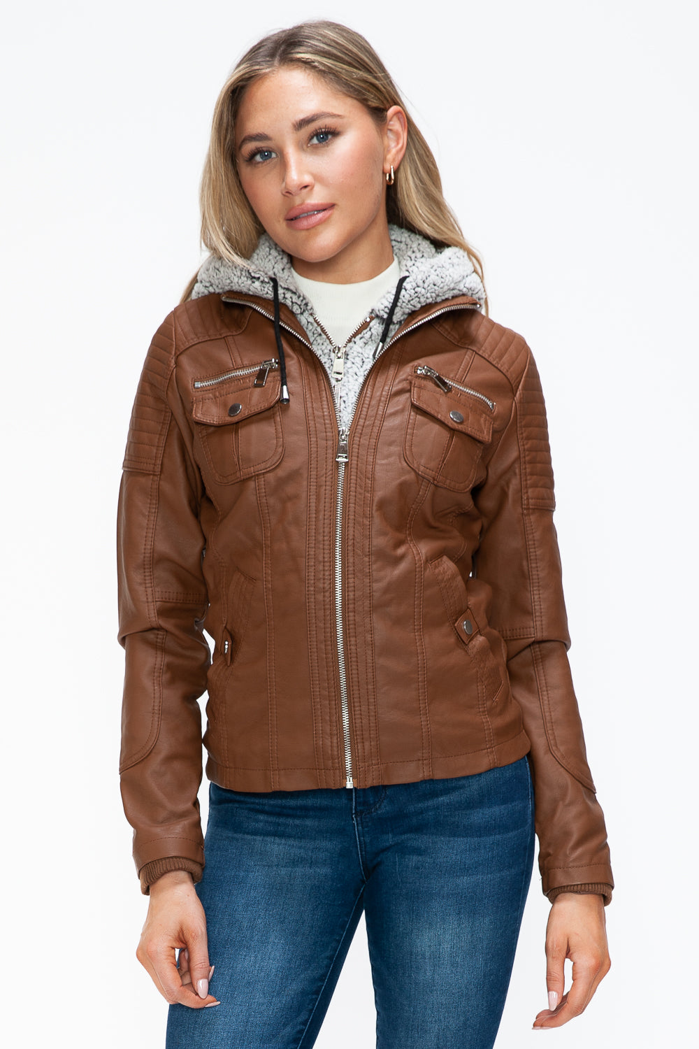 YMI Removable Faux Layered Multi-Pocket Jacket with Fuzzy Hood - Teresa's Fashionista LLC