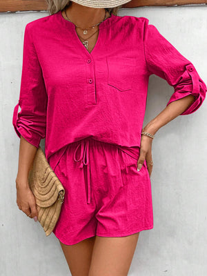 Notched Long Sleeve Top and Shorts Set-Teresa's Fashionista LLC