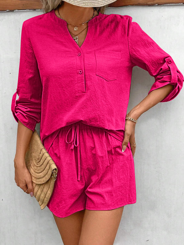 Notched Long Sleeve Top and Shorts Set-Teresa's Fashionista LLC