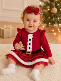 Children's Christmas Long Sleeve Bodysuit and Skirt Set with Bow Headband