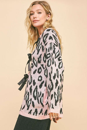 Davi & Dani Leopard Ribbon Tie Front Loose Fit Cardigan - Teresa's Fashionista LLC