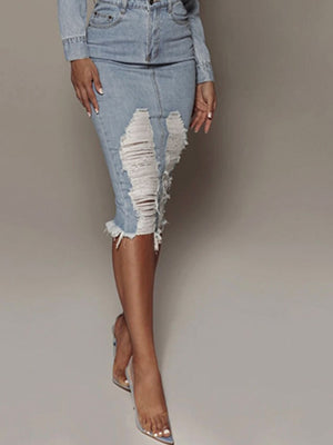 Distressed Slit Denim Skirt-Teresa's Fashionista LLC