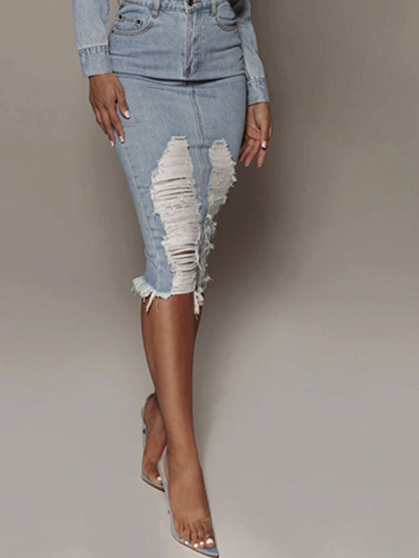 Distressed Slit Denim Skirt-Teresa's Fashionista LLC