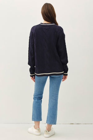 Be Cool Contrast Trim Cable-Knit V-Neck Cardigan - Teresa's Fashionista LLC