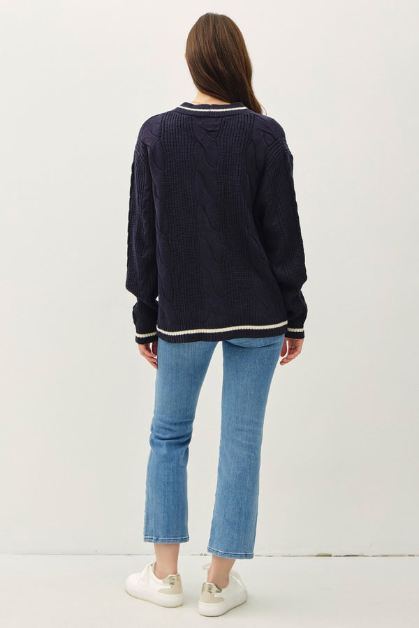 Be Cool Contrast Trim Cable-Knit V-Neck Cardigan - Teresa's Fashionista LLC