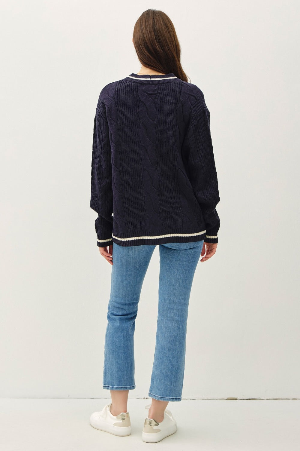 Be Cool Contrast Trim Cable-Knit V-Neck Cardigan - Teresa's Fashionista LLC
