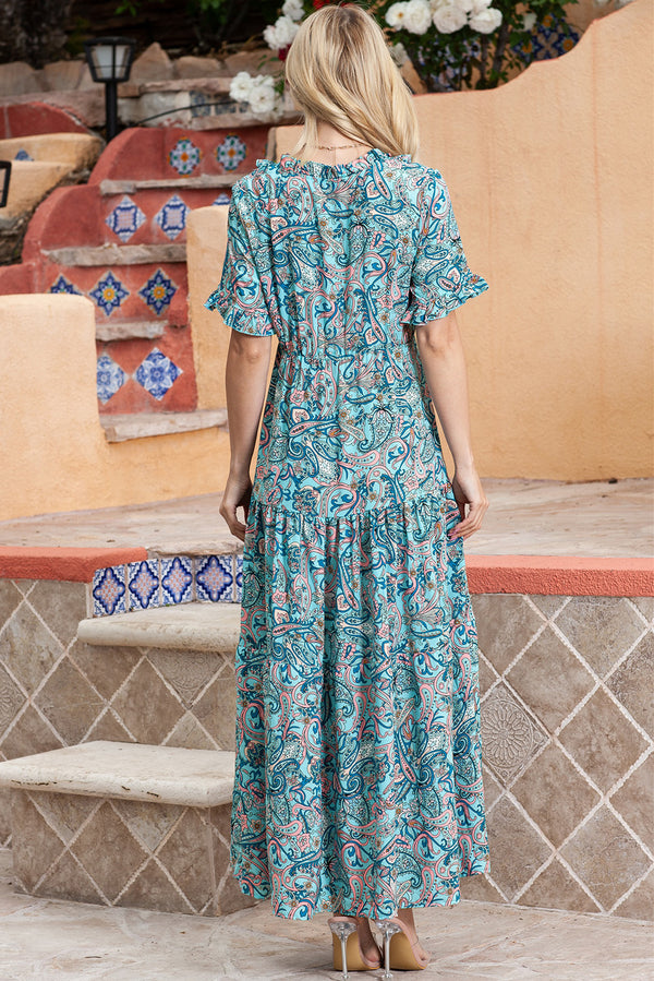 Paisley Print Flounce Sleeve Maxi Dress-Teresa's Fashionista LLC