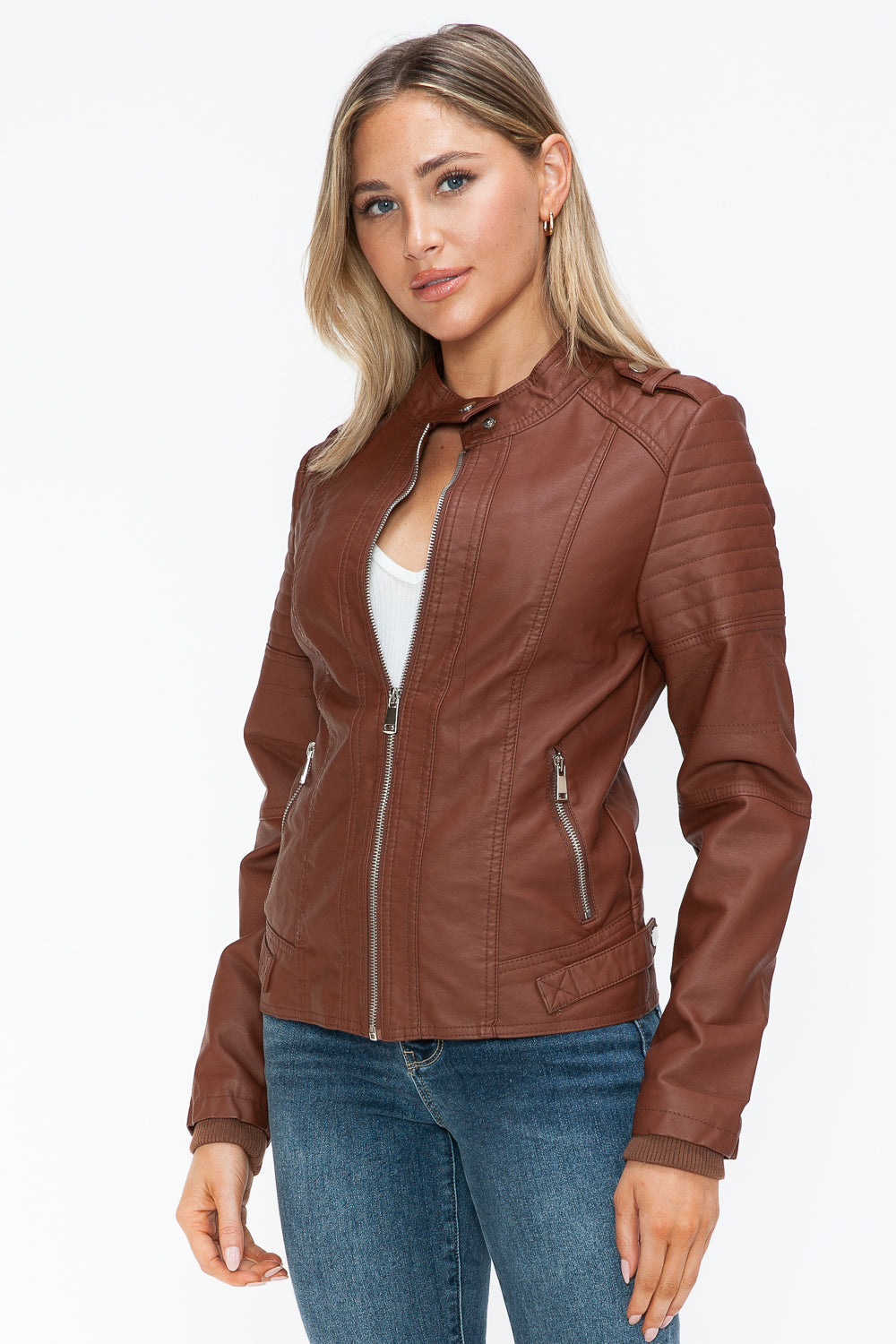 Snobbish PU Leather Biker Jacket with Side Zip Pockets - Teresa's Fashionista LLC