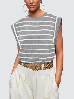 Striped Round Neck Cap Sleeve T-Shirt-Teresa's Fashionista LLC