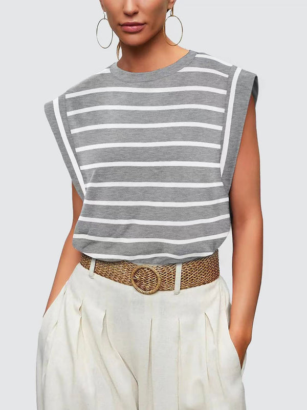 Striped Round Neck Cap Sleeve T-Shirt-Teresa's Fashionista LLC