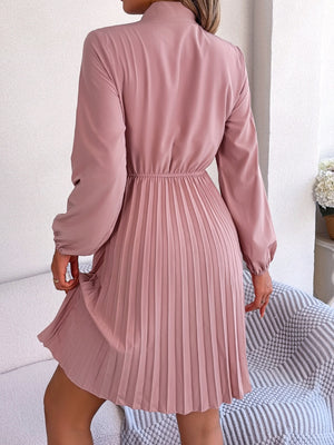 Tie Neck Balloon Sleeve Pleated Dress-Teresa's Fashionista LLC