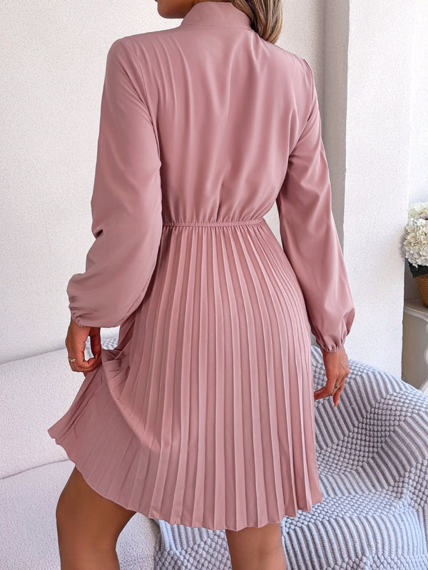 Tie Neck Balloon Sleeve Pleated Dress-Teresa's Fashionista LLC