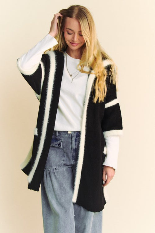 Davi & Dani Fuzzy Trim Open Front Loose Fit Cardigan - Teresa's Fashionista LLC