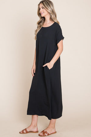BOMBOM Round Neck Short Sleeve Midi Dress with Pockets-Teresa's Fashionista LLC