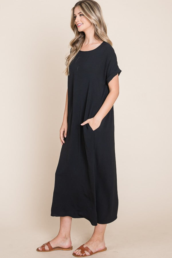 BOMBOM Round Neck Short Sleeve Midi Dress with Pockets-Teresa's Fashionista LLC
