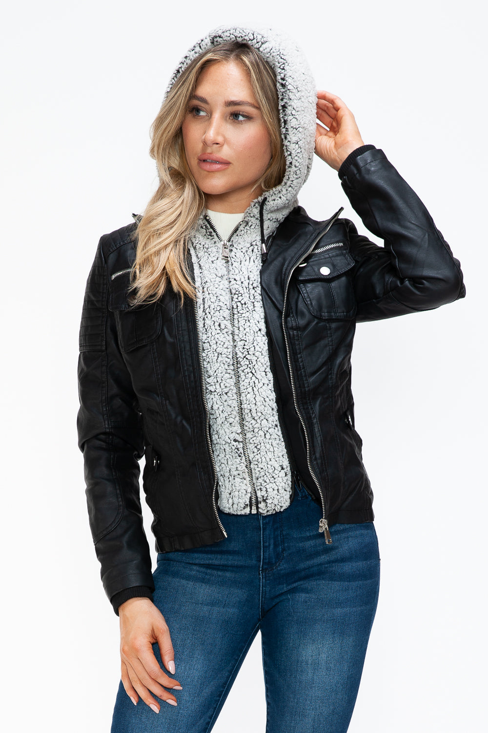 YMI Removable Faux Layered Multi-Pocket Jacket with Fuzzy Hood - Teresa's Fashionista LLC