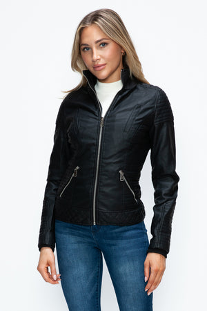 YMI Faux Layered Double-Zipper Jacket with Fuzzy Hood - Teresa's Fashionista LLC