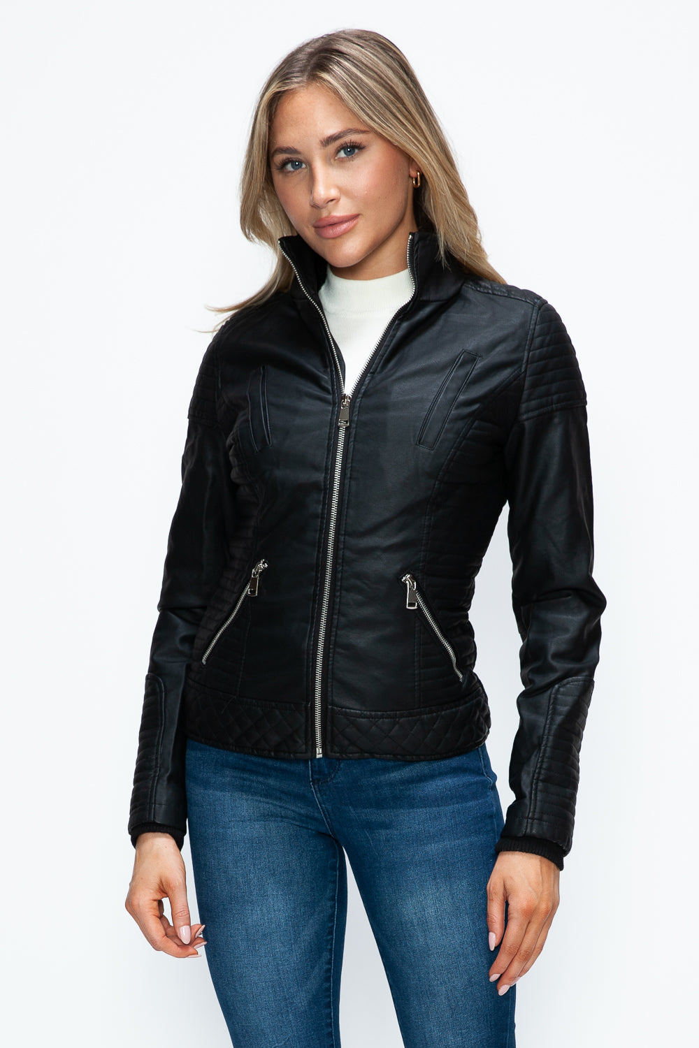YMI Faux Layered Double-Zipper Jacket with Fuzzy Hood - Teresa's Fashionista LLC