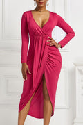 High-low Ruched Surplice Long Sleeve Dress-Teresa's Fashionista LLC
