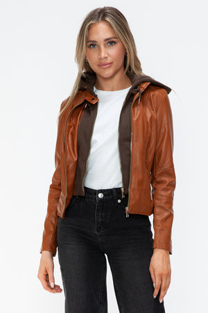 Snobbish Faux Leather Zip Up Drawstring Hooded Jacket - Teresa's Fashionista LLC