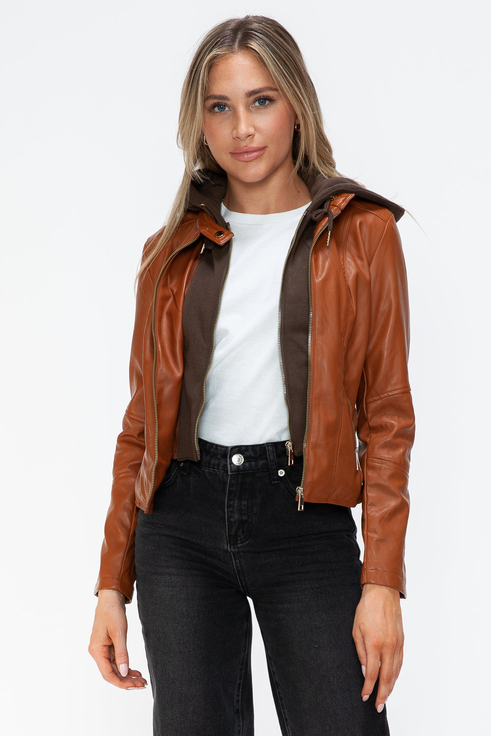 Snobbish Faux Leather Zip Up Drawstring Hooded Jacket - Teresa's Fashionista LLC
