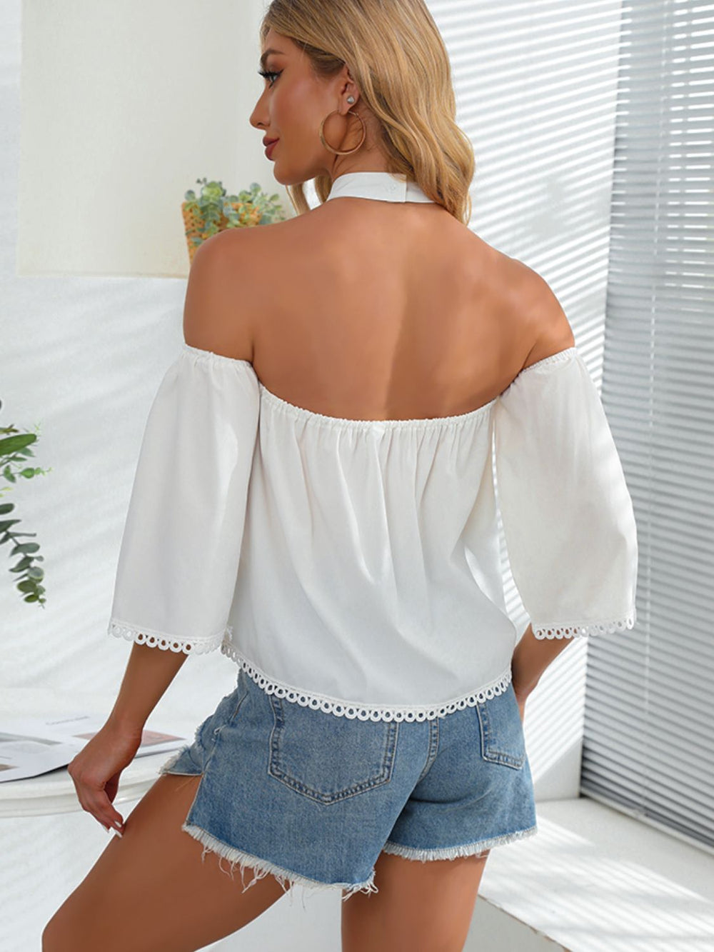 Crochet Halter Neck Cold-Shoulder Blouse-Teresa's Fashionista LLC