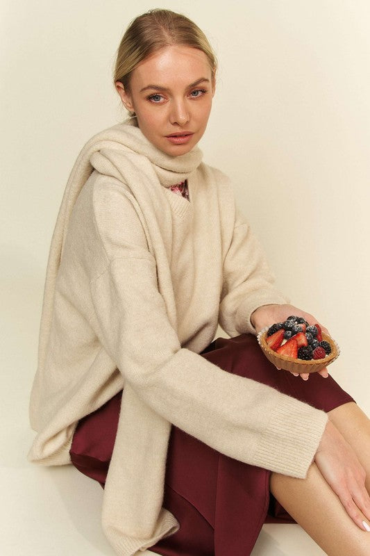 Davi & Dani V-Neck Dropped Shoulder Sweater with Scarf - Teresa's Fashionista LLC