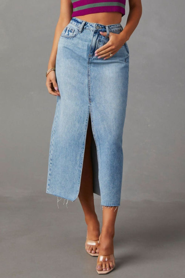 Slit Raw Hem Midi Denim Skirt-Teresa's Fashionista LLC